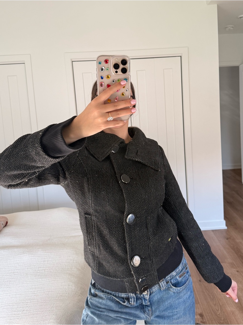 Soia & Kyo Charcoal Button-Front High Collar Jacket